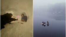 Originalios jaunuolių pramogos: dydžiu stebinantis iglu ir plaustai ant beuž&scaron;ąlančio tvenkinio
