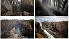 Viktorijos krioklys Zimbabvėje 2019 m. sausį (vir&scaron;uje) ir gruodį (apačioje)
