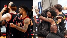 &bdquo;Raptors&ldquo; (kairėje) ir &bdquo;Nets&ldquo; krep&scaron;ininkų džiaugsmas po dramati&scaron;kų pergalių