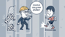 Matijo&scaron;aičio futbolas su žiniasklaida. Idėjos autorius Andrius Zimaitis, karikatūrą nupie&scaron;ė Ignas Krakys