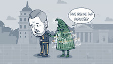 Kalėdų eglė guodžia Gabrielių Landbsbergį. Igno Krakio karikatūra, idėjos autorius Andrius Zimaitis