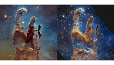 Kūrimo stulpai: kairėje užfiksuoti &bdquo;Hubble&ldquo; teleskopu, de&scaron;inėje - Jameso Webbo kosminiu teleskopu