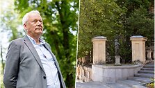 Vidmantas Bezaras ir ra&scaron;ytojui Romainui Gary skirtas skulptūra su medžiais