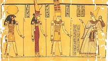 Ramzis III kalbasi su Tėbų dievų triada: Amonu, Muta ir Chonsu, Harriso papiruso fragmentas