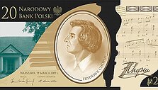 20 zlotų banknotas Fryderyko Chopino dviejų &scaron;imtų metų gimimo sukakties paminėjimui (aversas)