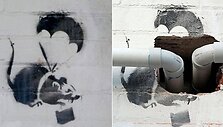 Banksy darbas &bdquo;Žiurkė su para&scaron;iutu&ldquo;
