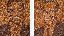 Baracko Obamos ir Mitto Romney portretai i&scaron; mėsos
