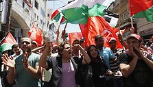 Ramaloje palestiniečiai protestavo prie&scaron; taikos derybų su Izraeliu atnaujimą.
