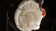 Archeologas žibintuvėliu ap&scaron;viečia indo, kuriame raugintas vynas, vidų.