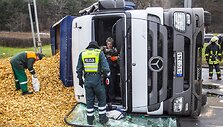 Vilniuje apvirto sunkvežimis su medžio drožlėmis