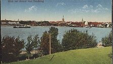 Klaipėdos panorama nuo Smiltynės smuklės (Sandkrug) kopos, XX a. 4 de&Uuml;imtmetis, atvirukas.