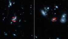 Kombinuoti keleto galaktikų kadrai, kur raudona spalva &ndash; ALMA užfiksuoti fragmentai, mėlyna &ndash; kosminio teleskopo &bdquo;Hubble&ldquo; fragmentai.
