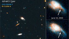 &Scaron;iuos kadrus užfiksavo kosminis teleskopas &bdquo;Hubble&ldquo;. Kadrai iliustruoja naują žvaigždžių sprogimo tipą &ndash; kai susilieja du itin tankūs objektai (dvi neutroninės žvaigždės arba neutroninė žvaigždė ir juodoji skylė). Kairiau esančios nuotraukos centre matoma galaktika birželio 3 d. generavo trumpalaikį