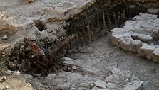 Actekų &scaron;vento medžio kamieno dalis (kairėje)