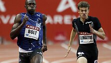 Usainas Boltas (kairėje) ir Christophe'as Lemaitre'as