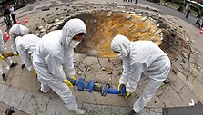 Aktyvistai pozuoja fotografams prie pie&scaron;inio