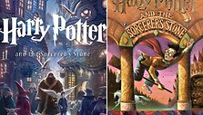 &bdquo;Haris Poteris ir I&scaron;minties akmuo&ldquo; (JAV &scaron;i knyga verčiama &bdquo;Harry Potter and the Sorcerer's Stone&ldquo;). Kairėje pusėje &ndash; naujas, die&scaron;inėje &ndash; senas knygos vir&scaron;elis.