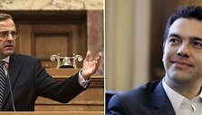 Antonis Samaras (kairėje) ir graikų kairiųjų lyderis Aleksis Cipras.