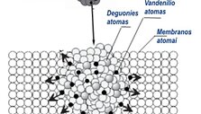 Įelektrinto vandens nanola&scaron;o susidūrimas su membrana ir skilimas į vandenilio ir deguonies atomus