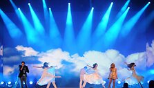 Eurovision winners El, left, and Nikki, second right, of Azerbaijan perform during the Semi-Final Allocation Draw for the 2012 Eurovision Song Contest in Baku, Azerbaijan.