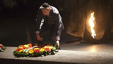 Lithuanian Foreign Minister Audronius Azubalis lays a wreath at the Hall of Remembrance during a visit to the Yad Vashem Holocaust memorial in Jerusalem on March 4, 2012.