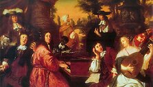 Johannes Voorhout &ndash; Namų muzikavimo scena. Prie klavesino &ndash; J.A.Reinckenas, galvą parėmęs sėdi D.Buxtehudė