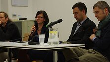 Diskusijos dalyviai Aurimas &Scaron;vedas, Marius Burokas, Deividas Talijūnas ir vedėja Saulė Mažeikaitė