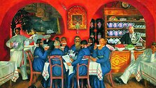 &Scaron;nipų veikloje tuo metu itin svarbų vaidmenį atliko pirkliai, kurie ir prekiavo, ir skleidė svarbias žinias. B.M.Kustodijevo paveikslas &bdquo;Maskvos smuklė&ldquo;. 1916 m.