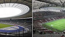 Berlyno olimpinis stadionas (kairėje) ir Var&scaron;uvos nacionalinis stadionas (de&scaron;inėje)