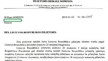 Atsakymas dėl pilietybės Williamui Gordonui