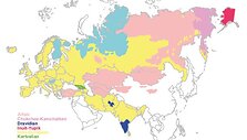 Eurazijos žemėlapis, kuriame skitingomis spalvomis pavaizduotos dabartinių kalbų &scaron;eimos
