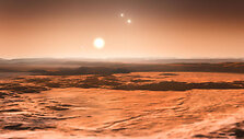 I&scaron; egzoplanetos &bdquo;Gliese 667Cd&rdquo; matomas dangaus skliautas dailininko akimis. Vir&scaron; žvaigždės matyti kitos dvi sistemos planetos, kurios gali būti tinkamos gyvybei