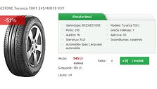 51 proc. nuolaida &bdquo;Bridgestone Turanza T001&ldquo; padangoms Egzotika.lt elektroninėje parduotuvėje
