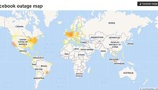 Skundų dėl &bdquo;Facebook&ldquo; sutrikimų geografija: kuo tamsesnė spalva, tuo daugiau vartotojų i&scaron; tos vietovės skundžiasi