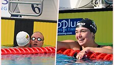 Rūta Meilutytė ir Kotryna Teterevkova bei Benedetta Pilato po pusfinalio 100 m krūtine varžybų.