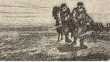 Medžio raižinys &bdquo;Du kaimiečiai kelyje netoli Taurogeno&rdquo; geografijos, kelionių ir kostiumų žurnale i&scaron;spausdintas 1865 m.&nbsp;