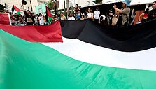 Žmonės laiko didelę palestiniečių vėliavą / ULISES RUIZ / AFP