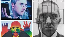 Jurgio Mačiūno nuotraukų koliažas: kadras i&scaron; Jono Meko filmo, knygos &bdquo;Mr.Fluxus&ldquo; vir&scaron;elis ir kadras i&scaron; filmo &bdquo;George: Jurgio Mačiūno ir Fluxus istorija&ldquo;