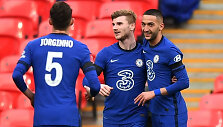 Jorginho, Timo Werneris ir Hakimas Ziyechas &scaron;venčia &bdquo;Chelsea&ldquo; įvartį FA taurės pusfinalyje