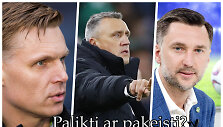 Valdas Ivanauskas (viduryje) teigia atradęs rinktinės kelią, bet Edgarui Jankauskui ir Deividui &Scaron;emberui kyla klausimų.
