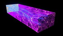 Dailininko pie&scaron;inyje pavaizduota, kaip fotonai i&scaron; Visatos pradžios nukreipiami gravitaciniu lę&scaron;iavimu, sukeliamu masyvių kosminių struktūrų