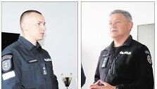 Marijampolės apskrities VPK vir&scaron;ininkas Harimantas Po&scaron;kevičius (de&scaron;inėje) ir Jurbarko komisariato vadovas Edgaras Charisovas.