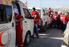 JT Humanitarinės pagalbos konvojus vyksta i&scaron; Damasko į kitus regionus