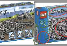 Tikrojo &bdquo;Lego&ldquo; rinkinio dėžutė ir pakeista jos nuotrauka. Žaliai pažymėti išlikę elementai, raudonai &ndash; pakeistos vietos