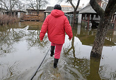 Ponia Irina brenda per užlietą kiemą
