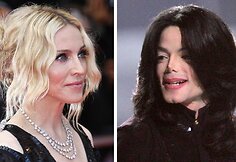 Nuotraukose greta sudėtos JAV pop muzikos ikonos: Madonna ir Michael Jackson. Abiems jau sukako po 50 metų.
