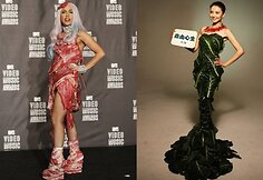 Aktorė Gao Yuanyuan vegetariškoje reklamoje ir Lady Gaga su mėsos apdaru