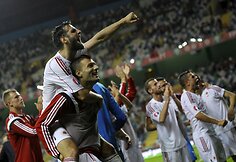 Albanijos futbolininkai džiaugiasi pergale
