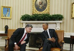 Ukrainos prezidentas Petro Poro&scaron;enka ir JAV prezidentas Barackas Obama 