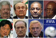 Kaltinami FIFA pareigūnai (nuo vir&scaron;aus kairės) Rafael Esquivel, Nicolas Leoz, Jeffrey Webb, Jack Warner, Eduardo Li, Eugenio Figueredo ir Jose Maria Marin